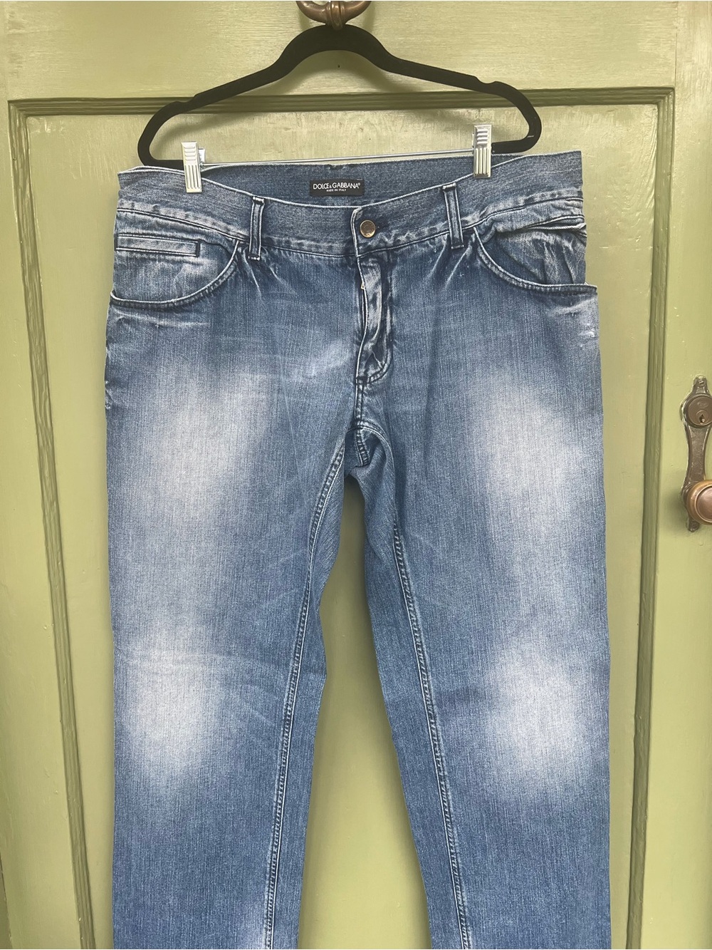 Dolce & Gabbana Men’s Metal Logo Tag Light Blue Washed Straight Jeans Y2K